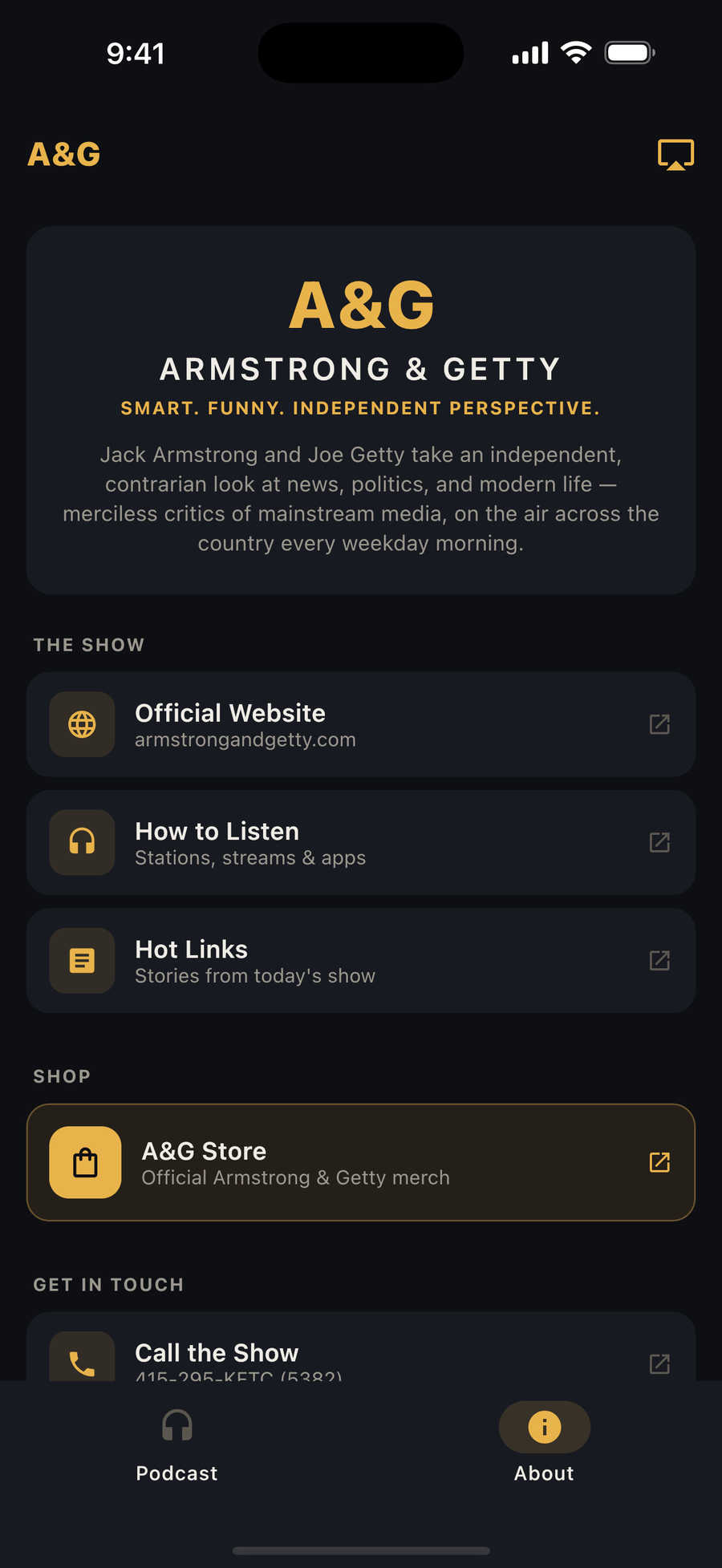 About screen with links to the official Armstrong & Getty website, streams, and store