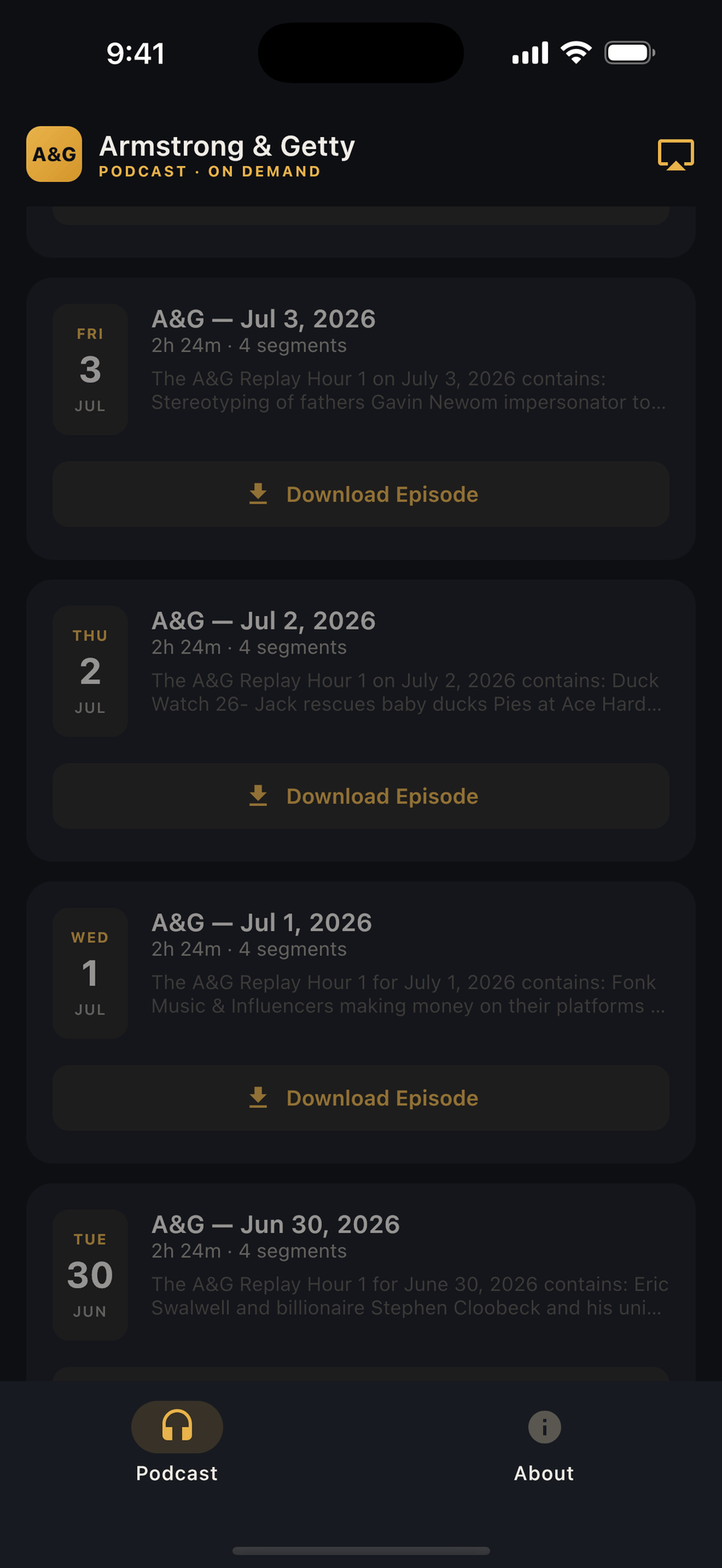 Episode library listing one Armstrong & Getty episode per show day with download buttons