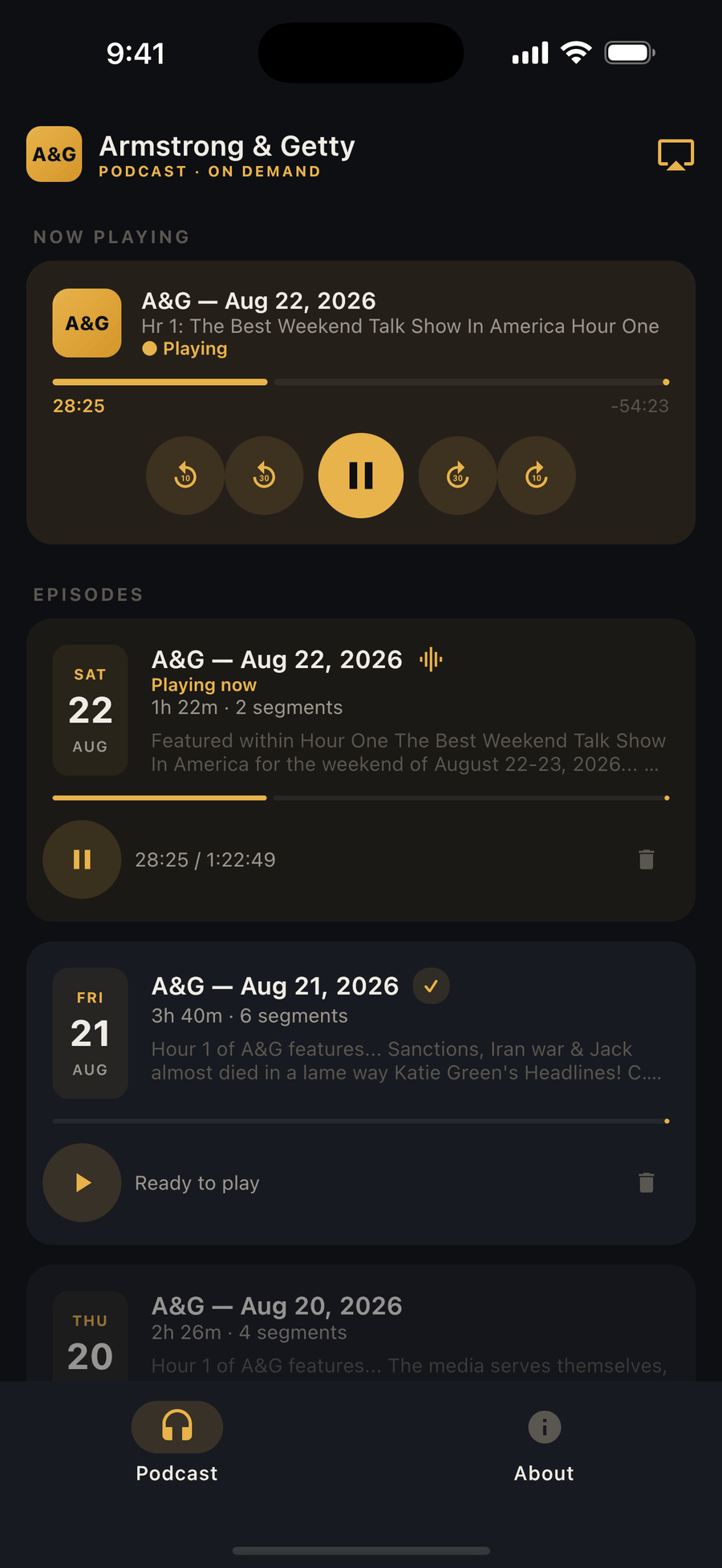 App home screen with the Armstrong & Getty daily episode playing: now-playing card, progress bar, and 10- and 30-second skip controls